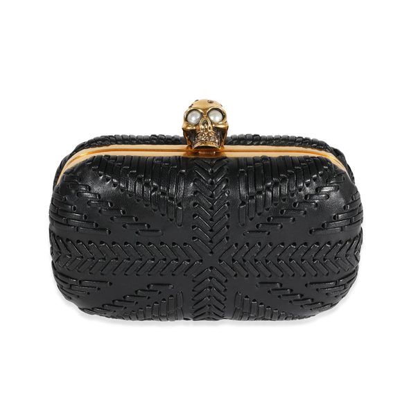 Alexander McQueen Black Woven Leather Brittania Skull Box Clutch - Picture 1 of 7